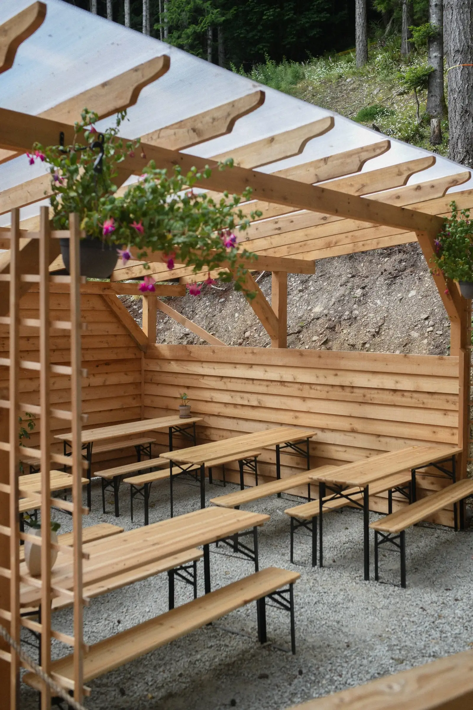 The covered patio with rows of wooden bench seating beneath a timber pergola